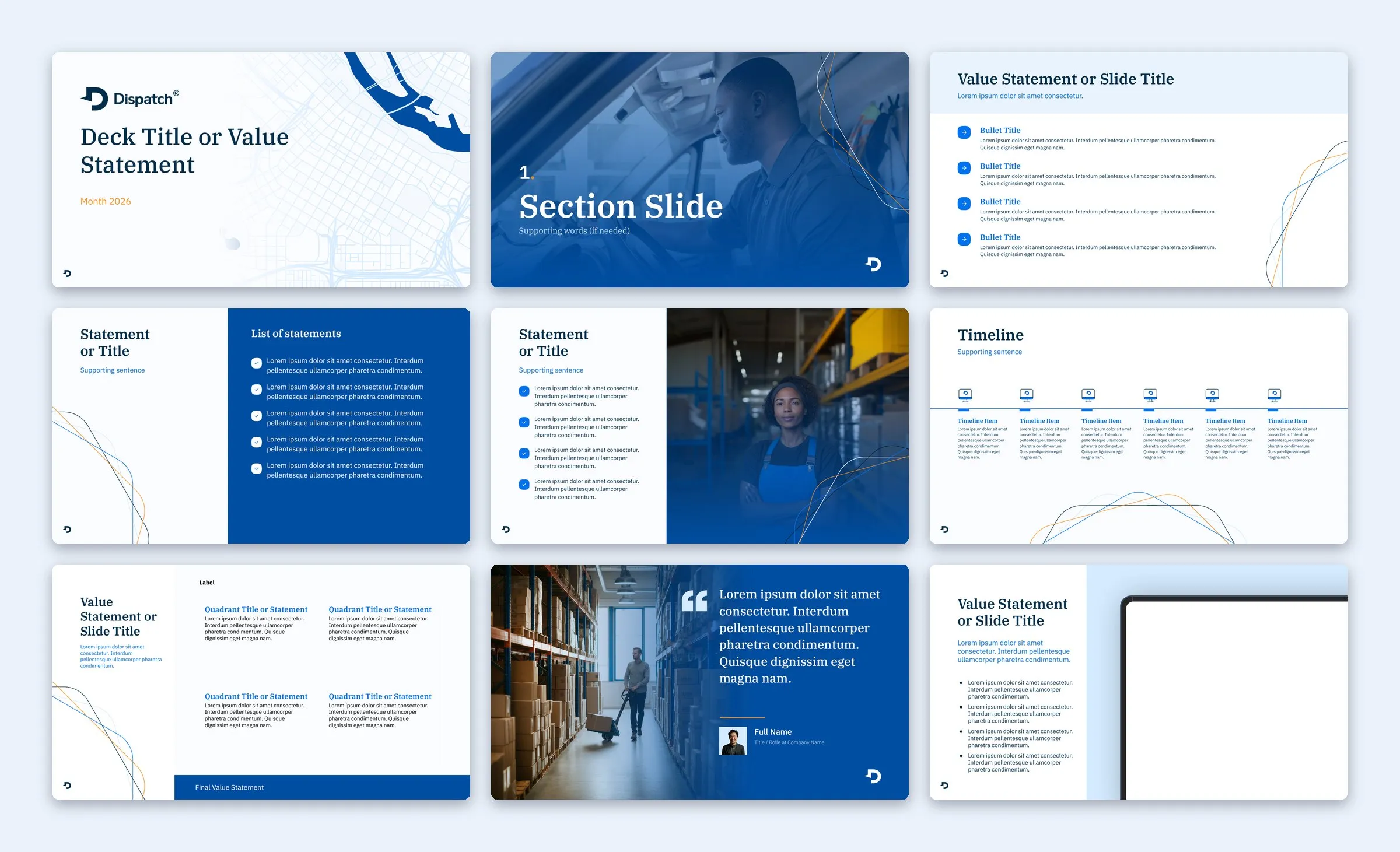 Nine template layouts with placeholder text: cover, section, bullets, statements, photo split, timeline, quadrants, quote and device
