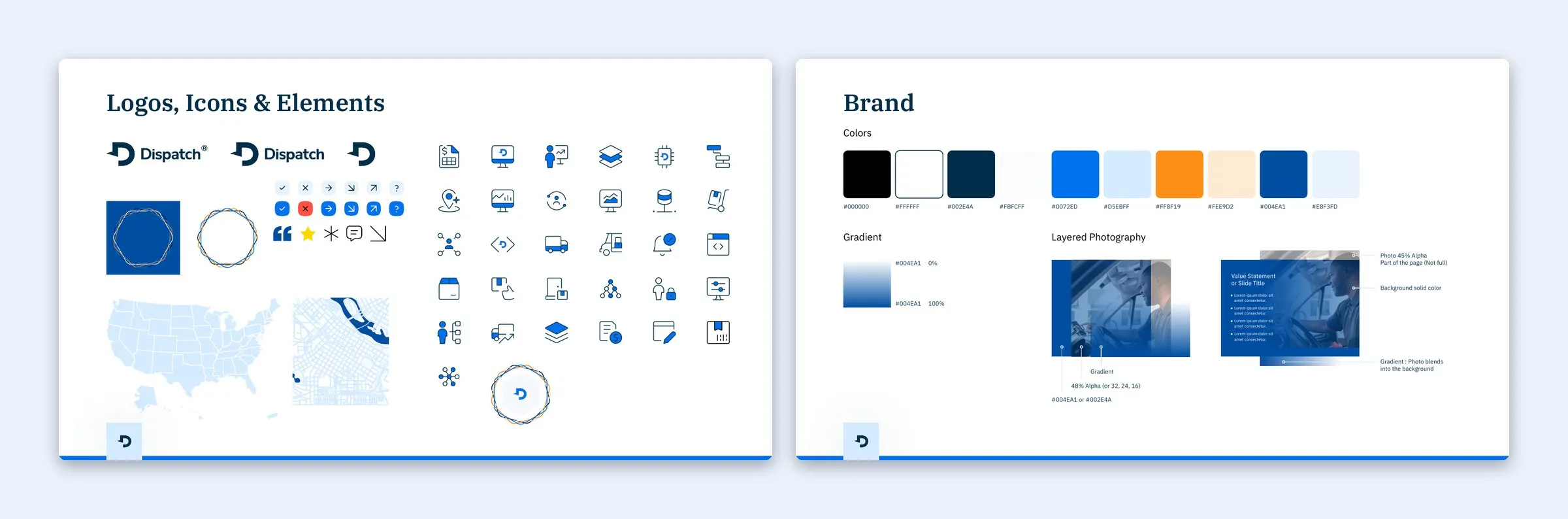 The template’s logos, icons and elements slide, and its brand slide with colors and photography