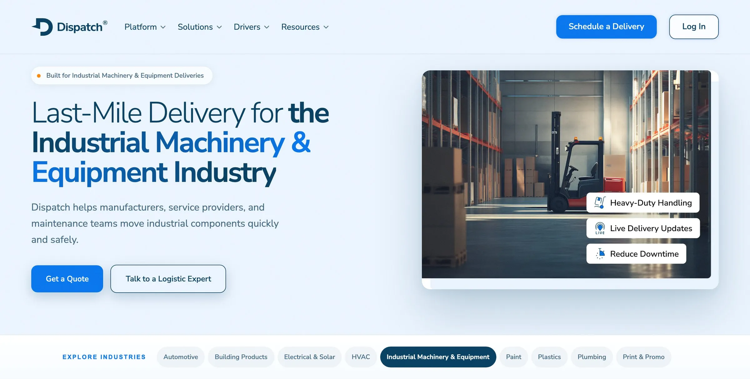 The live Industrial Machinery and Equipment page on dispatchit.com, with a forklift hero and three feature labels: heavy-duty handling, live delivery updates, reduce downtime