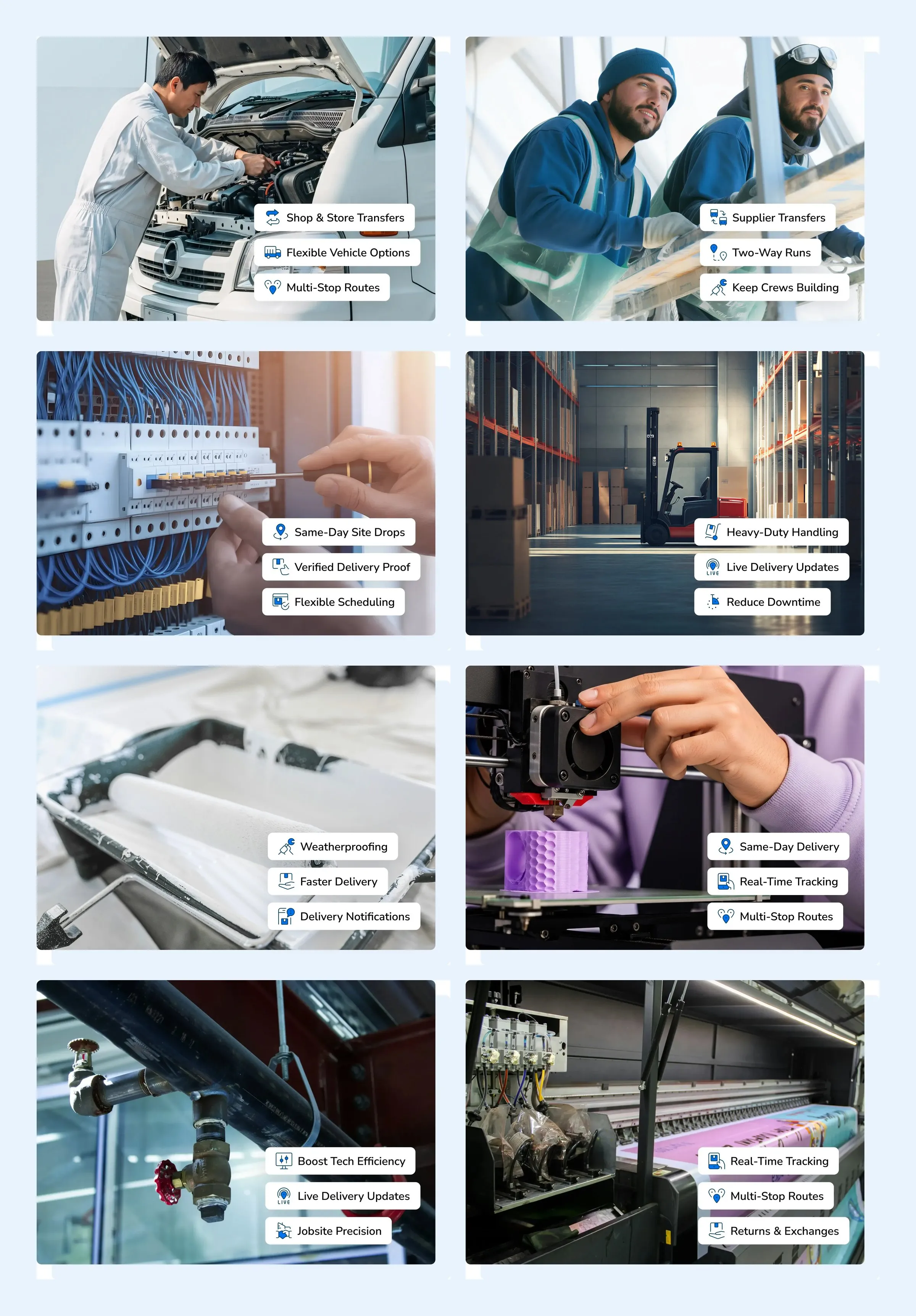 Eight industry hero images, each a photo with three feature labels: automotive, building products, electrical and solar, industrial machinery, paint, plastics, plumbing, and print and promo