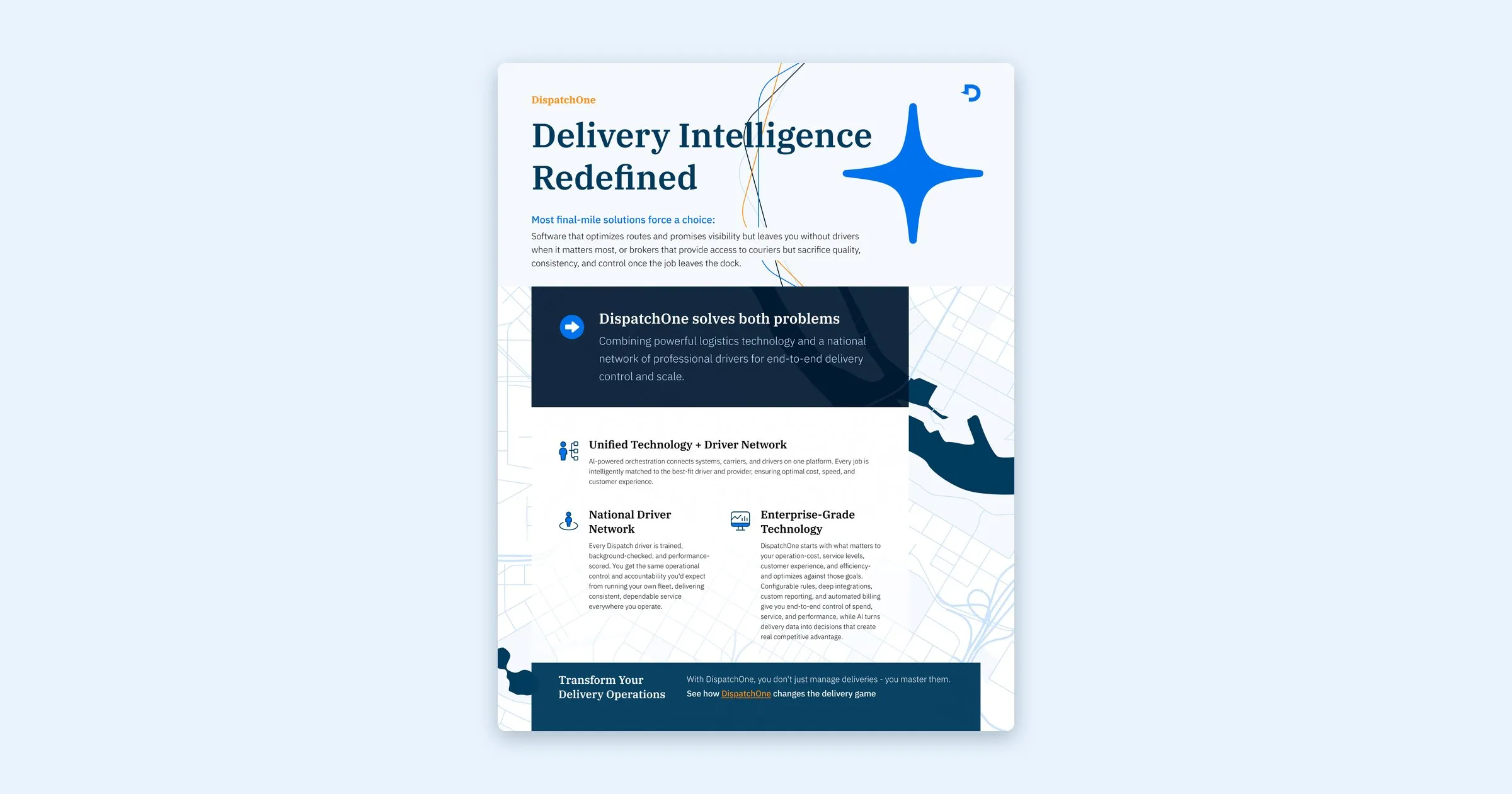 One-pager: Delivery Intelligence Redefined, on how DispatchOne combines technology and a driver network