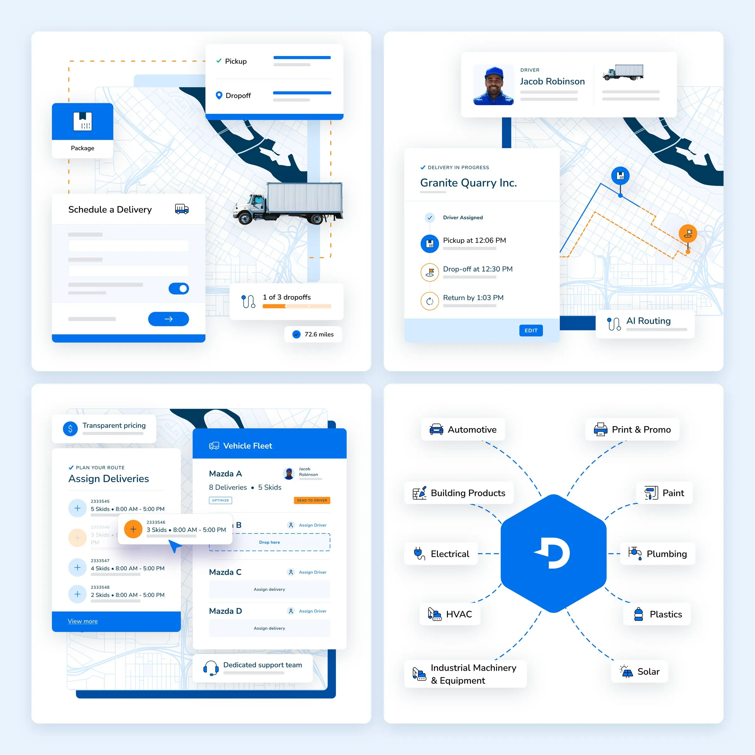Four website hero illustrations: scheduling a delivery over a city map, a driver on a live route, assigning deliveries to a vehicle fleet, and the industries Dispatch serves around the Dispatch hexagon