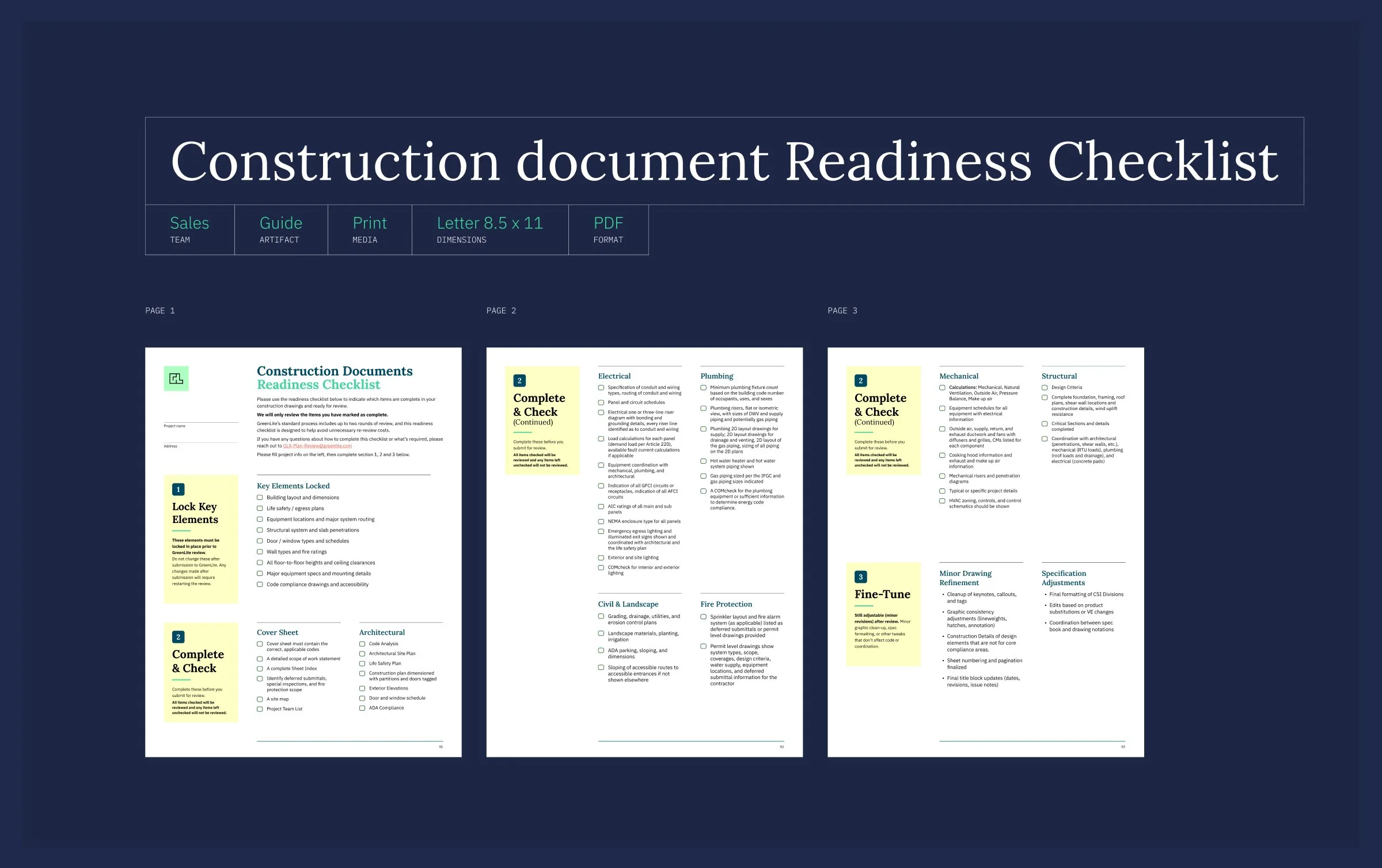 The three-page Construction Documents Readiness Checklist, letter size, for print and PDF