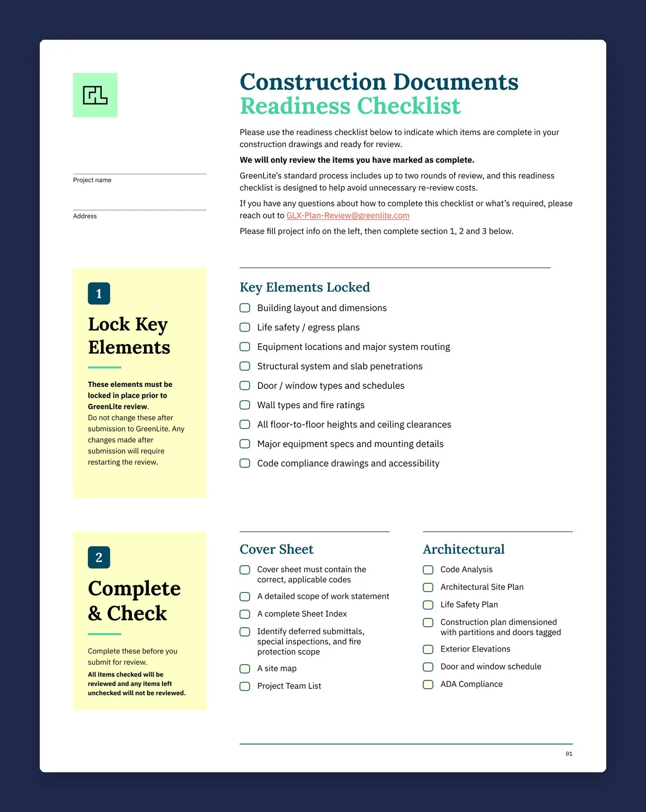 Checklist page one: numbered steps with checkbox lists