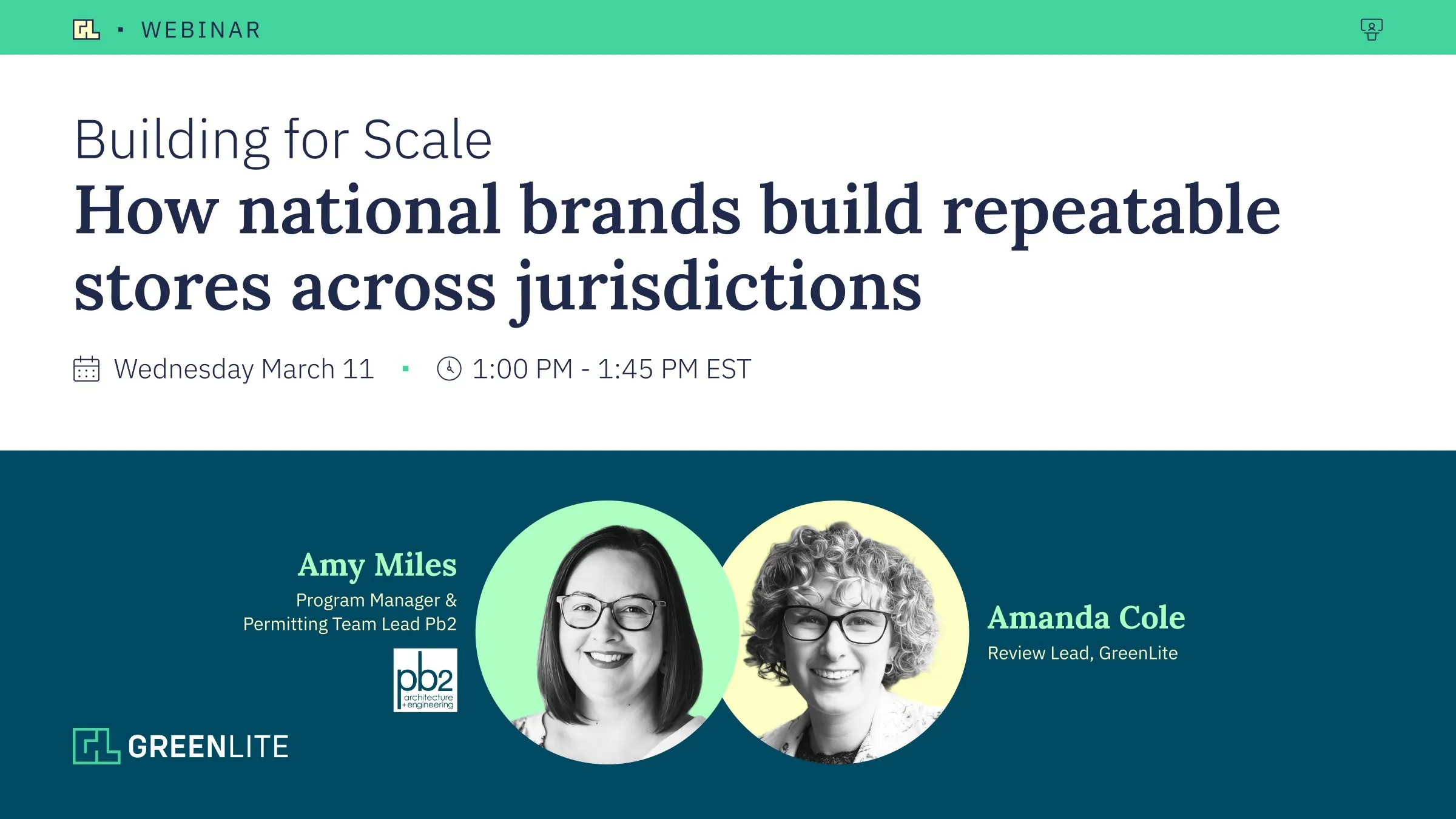 Webinar banner, Building for Scale: how national brands build repeatable stores across jurisdictions, with the two speakers