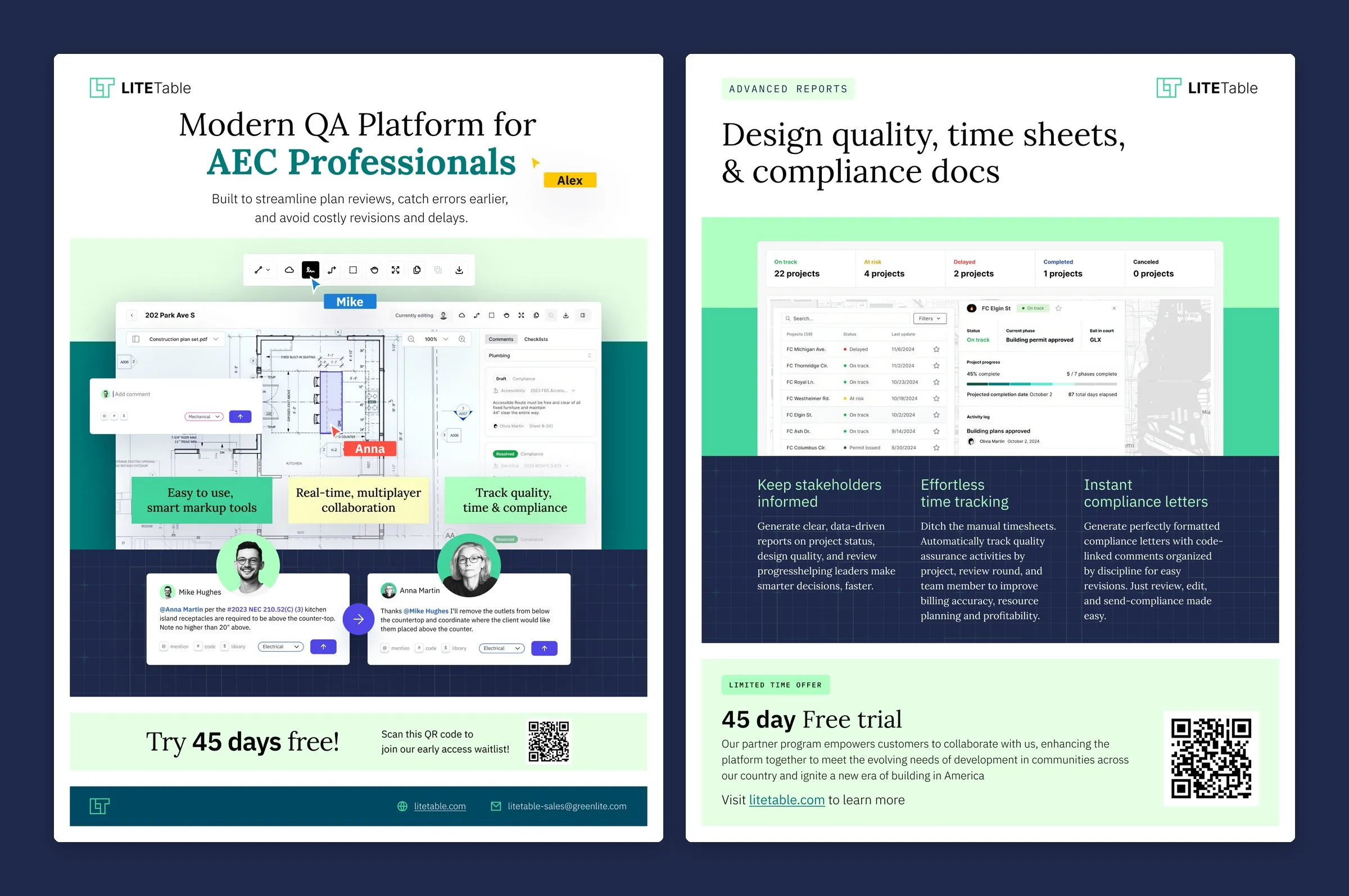 LiteTable one-pager, front and back: the markup tool with collaborator comments, then reports, three features and a free-trial QR code