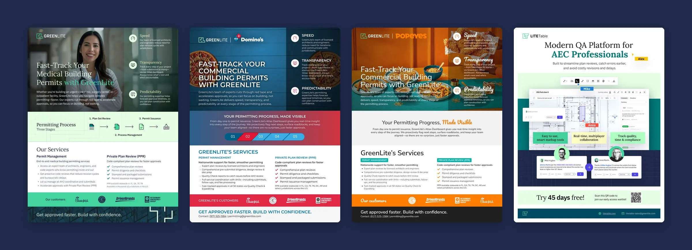 Four GreenLite one-pagers: medical buildings, a Domino’s co-branded sheet, a Popeyes co-branded sheet, and the LiteTable app
