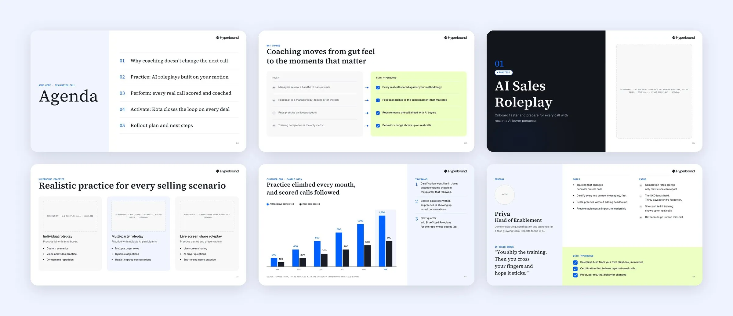 Six more templates: agenda, before and after, section divider, three cards, a sample-data chart, and a buyer persona
