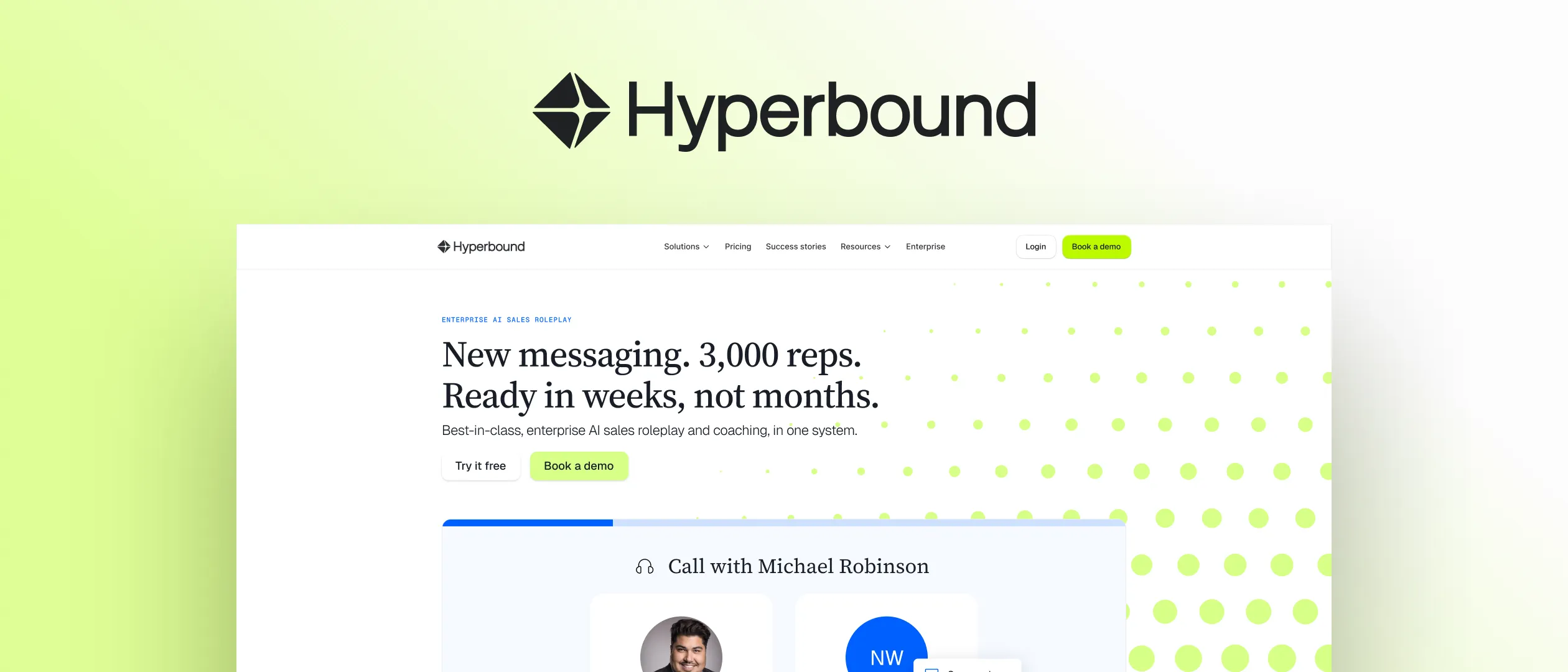 The Hyperbound logo above the hyperbound.ai homepage: New messaging. 3,000 reps. Ready in weeks, not months.