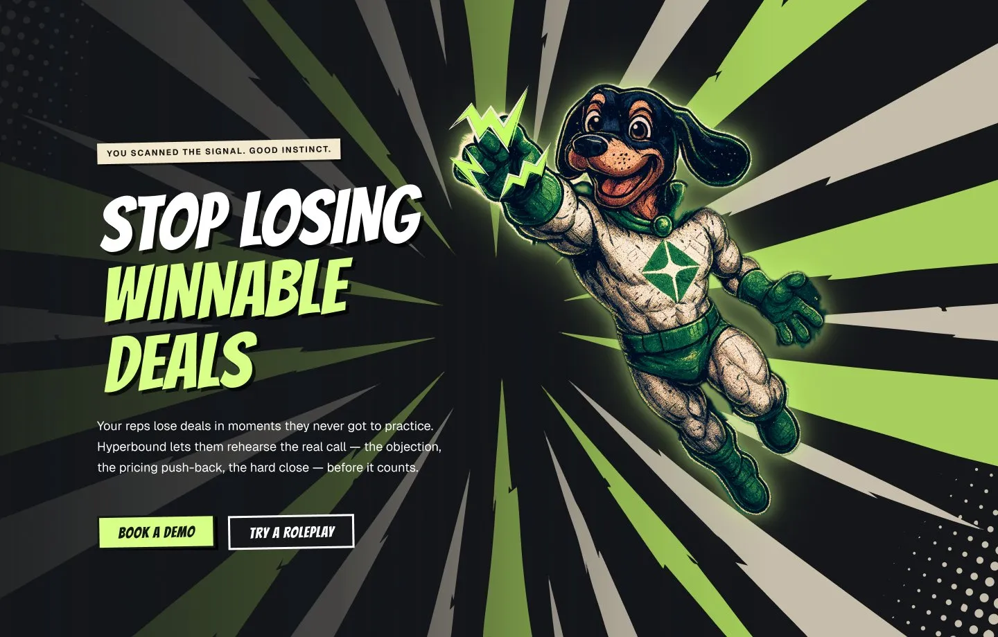Kota page hero: Stop losing winnable deals, with Kota flying out of a lime comic burst