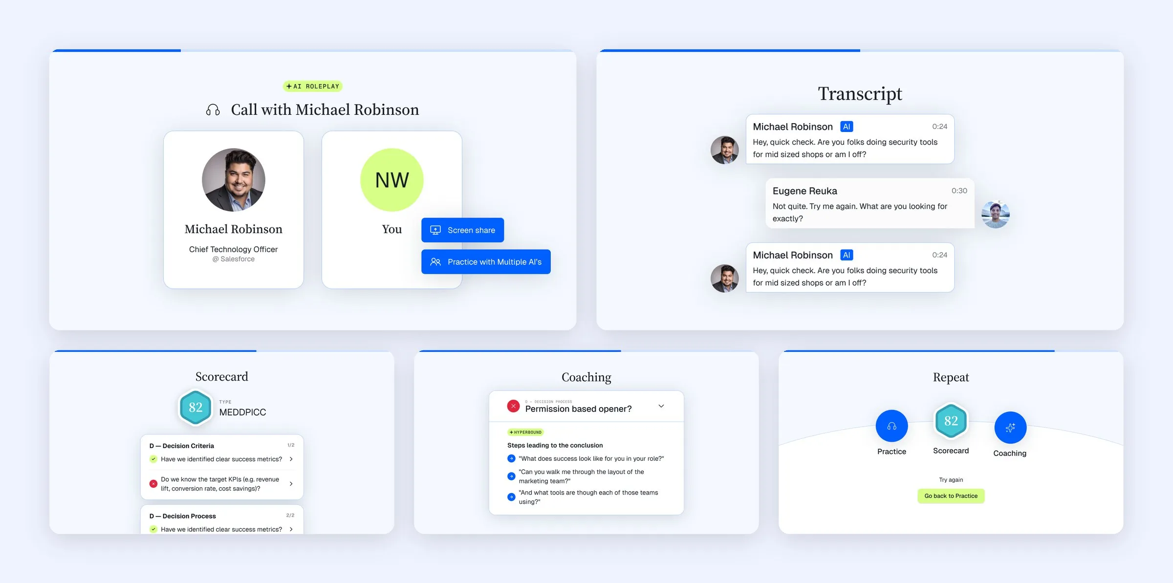 Five product illustrations: a practice call with an AI buyer, its transcript, a MEDDPICC scorecard scoring 82, a coaching card, and the practice, scorecard, coaching loop