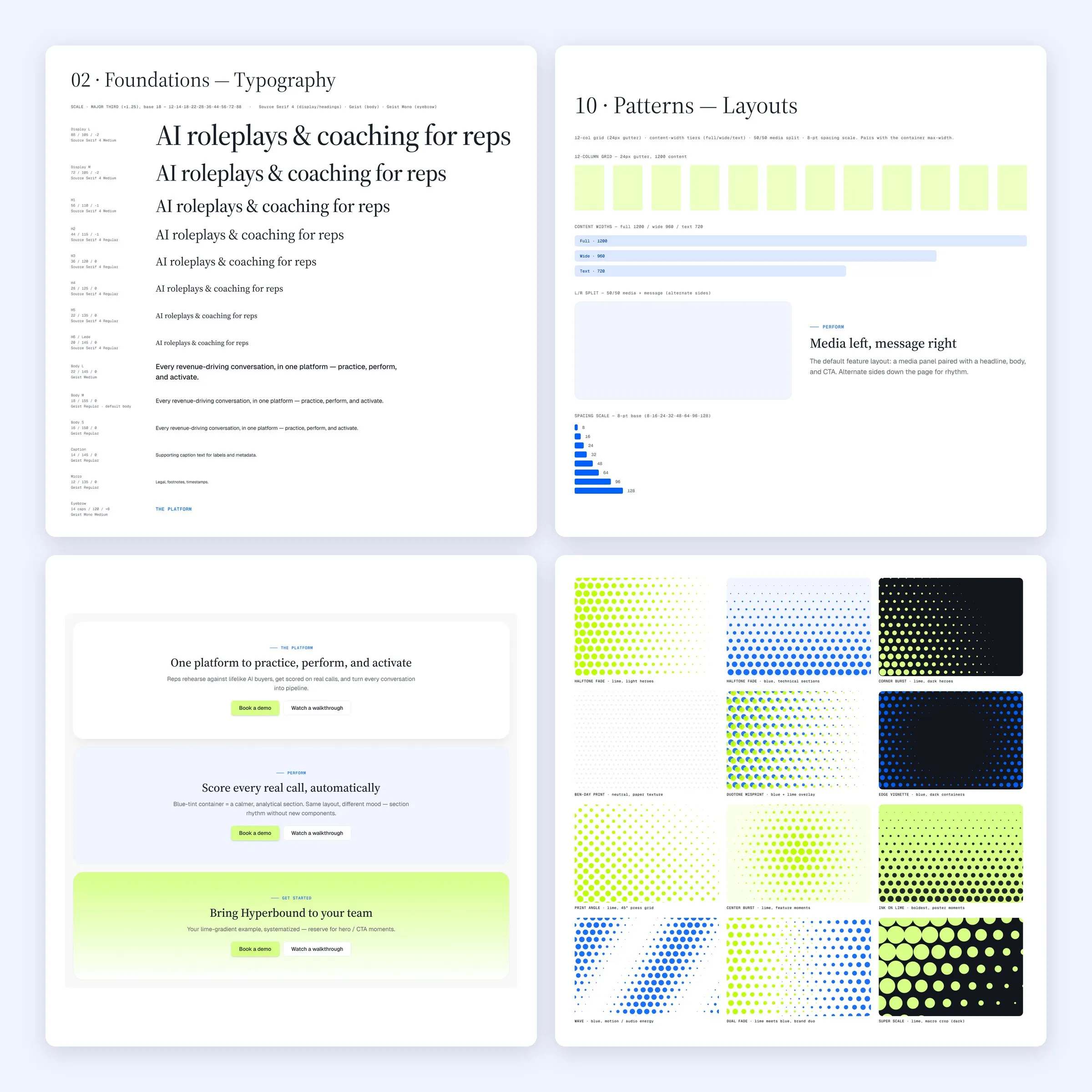 Four pages from the website system: the type scale, the layout grid and spacing ladder, three container styles, and twelve halftone patterns in lime and blue