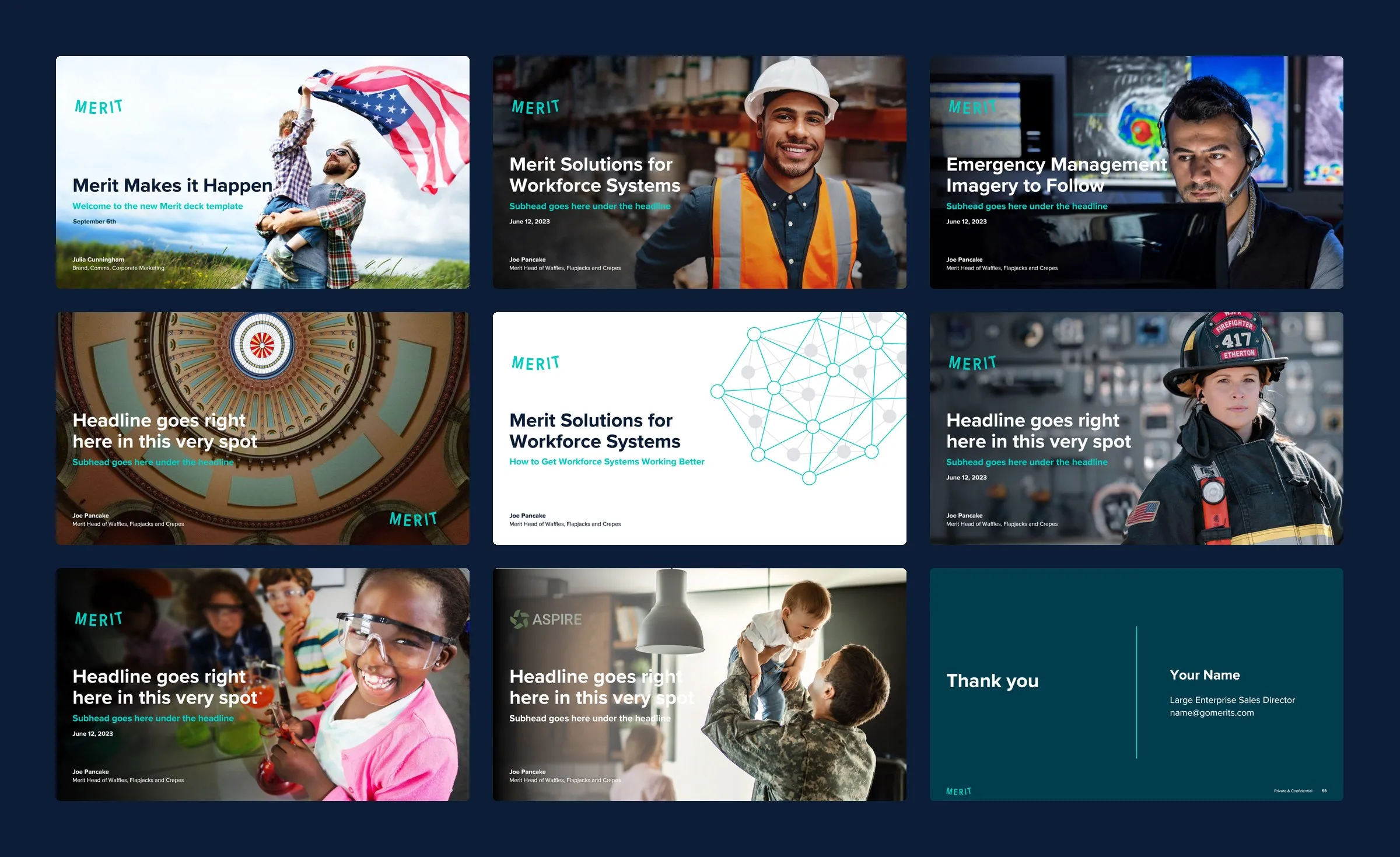 Nine Merit deck covers: workforce, emergency management, public sector, education and a thank-you slide, each with a photo and the Merit wordmark