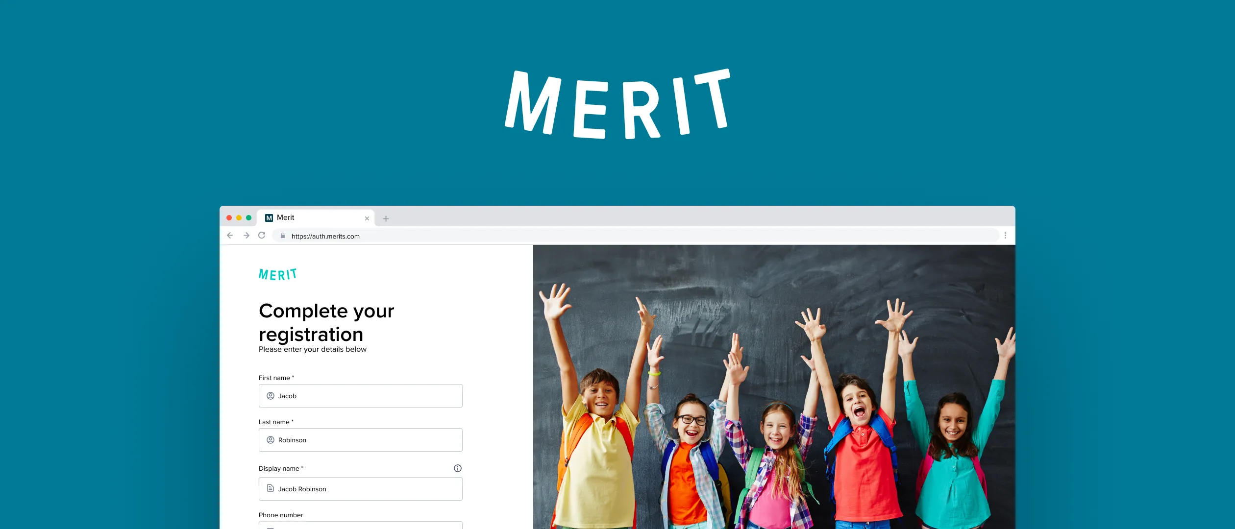 The Merit logo above the 2024 sign-up screen on the web: Complete your registration, beside a photo of students