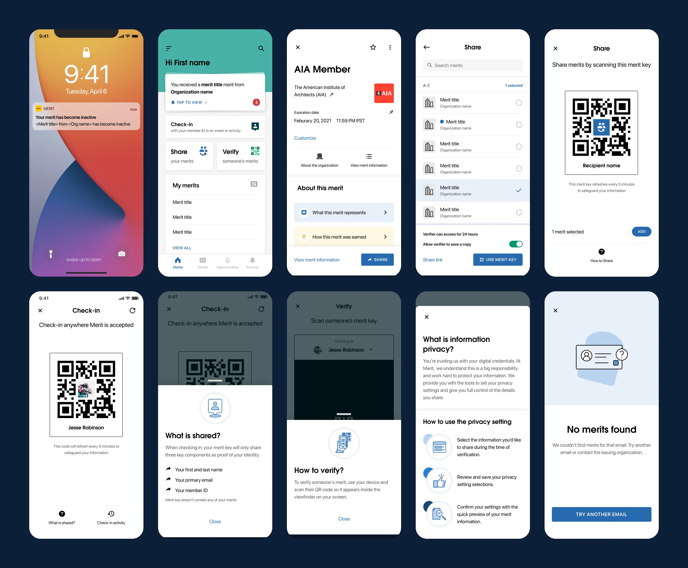 Ten Merit mobile app screens: a lock-screen alert, Home, an AIA Member merit, choosing merits to share, share and check-in QR codes, guides to what is shared, how to verify and information privacy, and an empty state