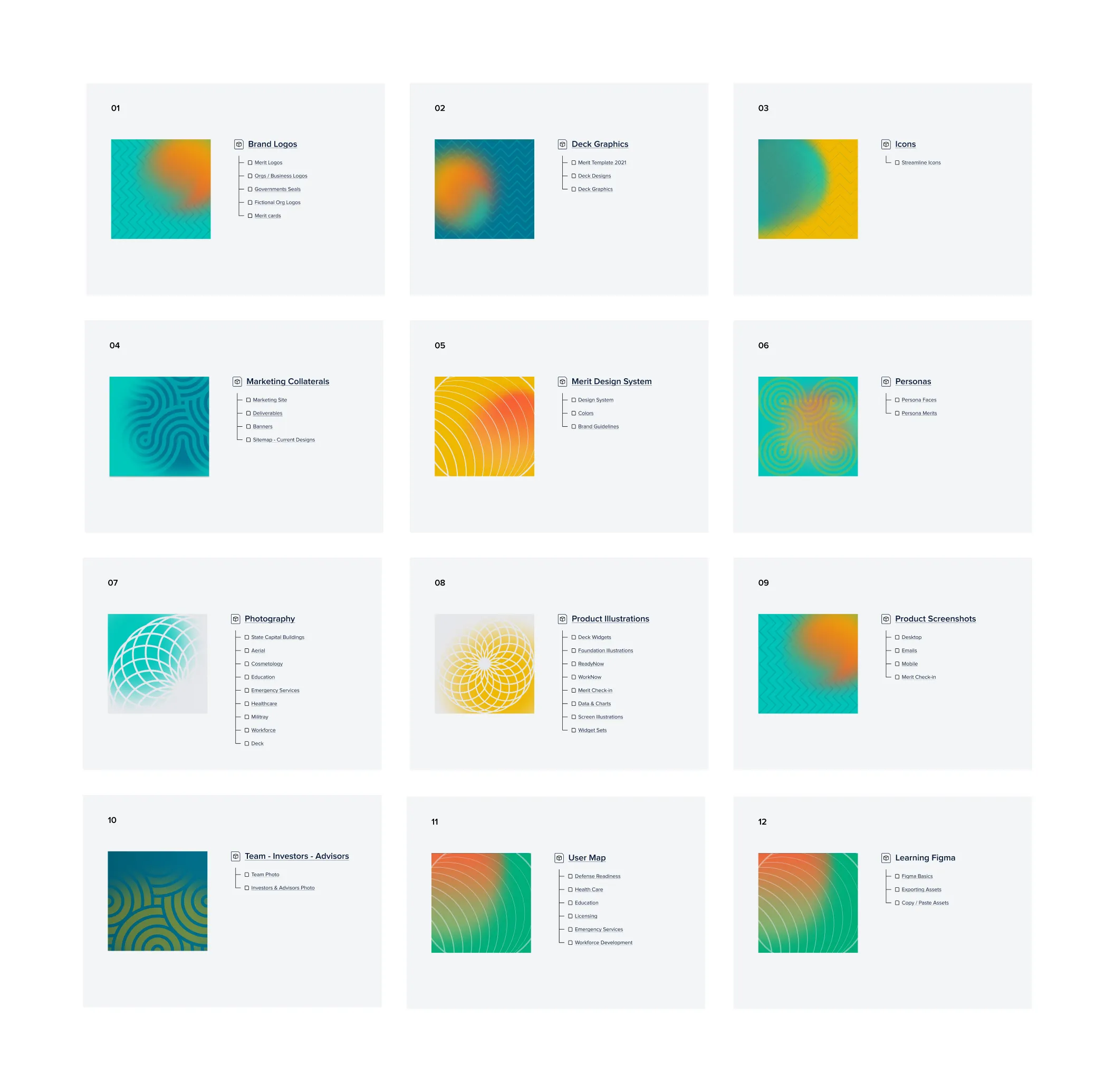 Design Toolkit index: twelve numbered sections, from Brand Logos to Learning Figma, each with cover art and a linked list of assets