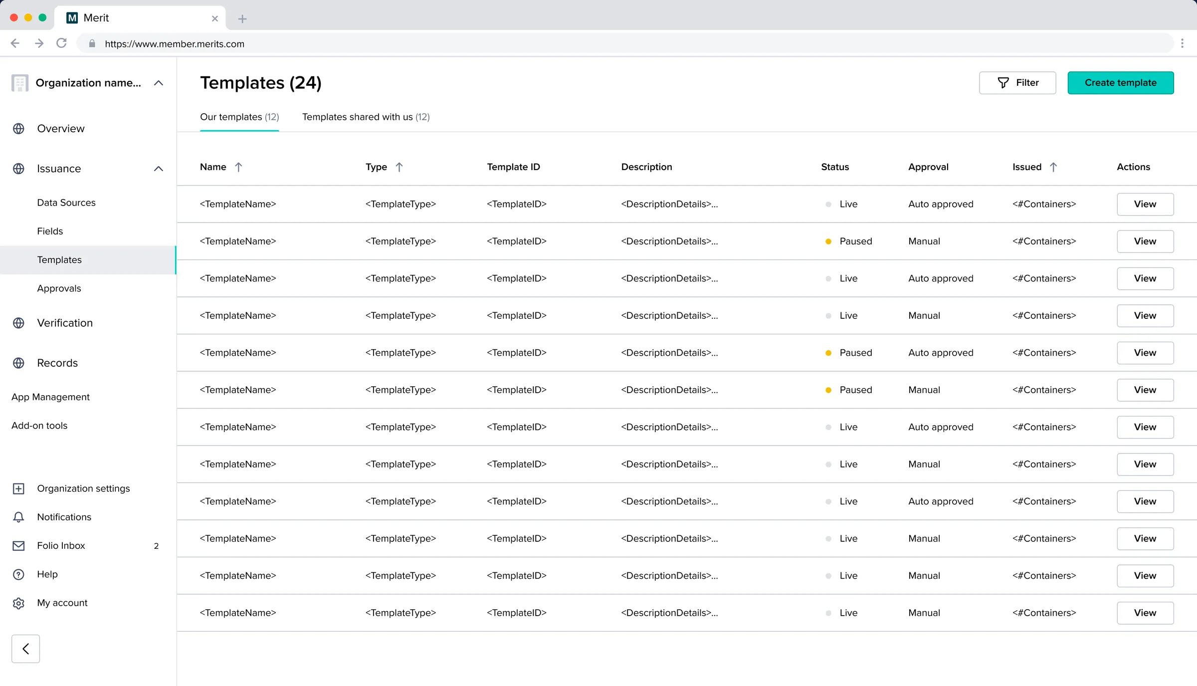 Merit org portal: the Templates list under Issuance, with status and approval columns