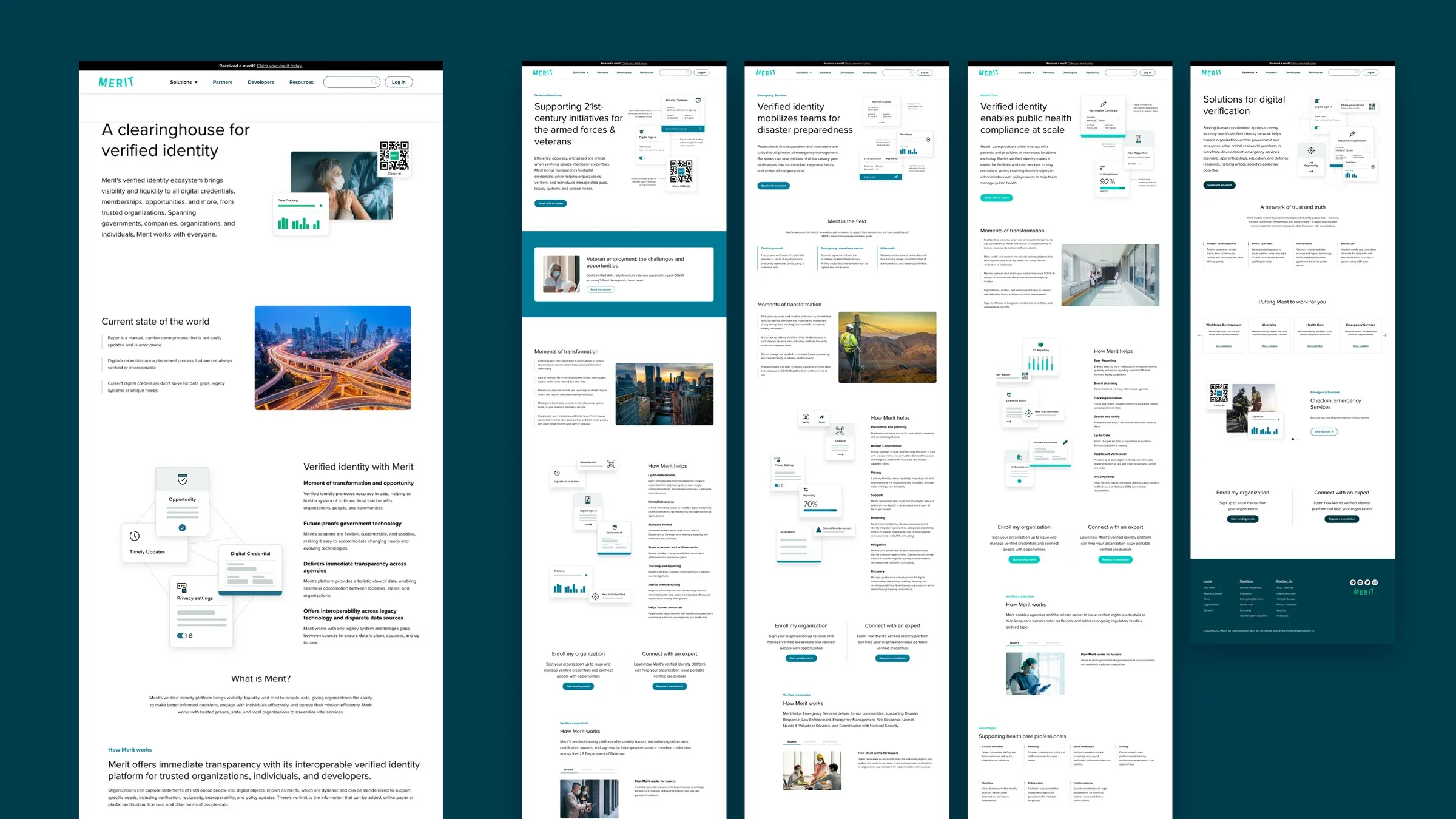 Merit marketing site: the homepage beside three audience pages and a solutions overview