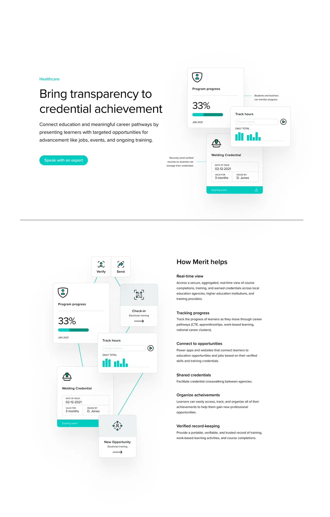 Education page: bring transparency to credential achievement, with program progress, hours tracking and a welding credential