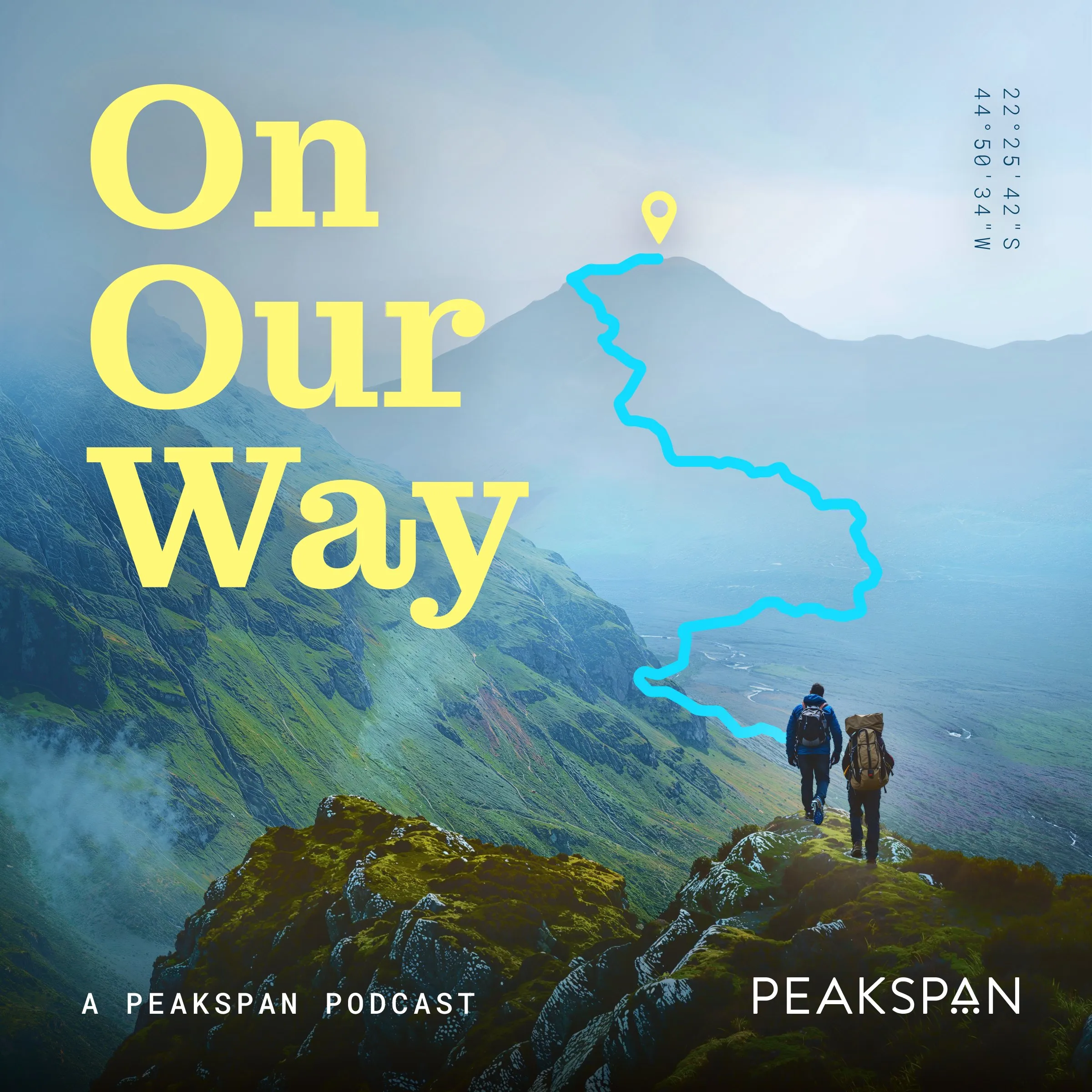 On Our Way cover art: yellow serif title over a mountain trail with two hikers and a cyan route line