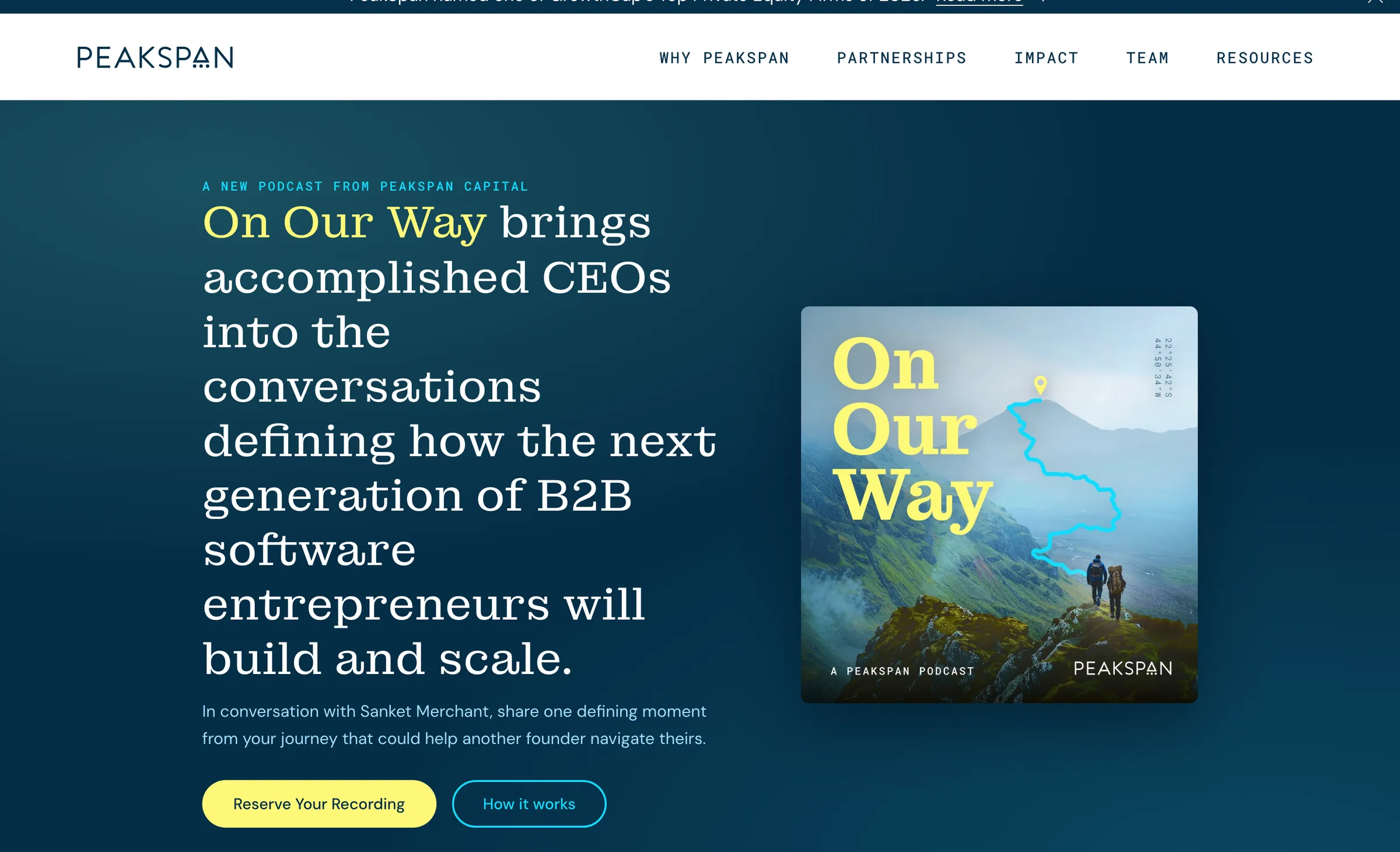The On Our Way guest page on peakspancapital.com, with the cover art beside the headline