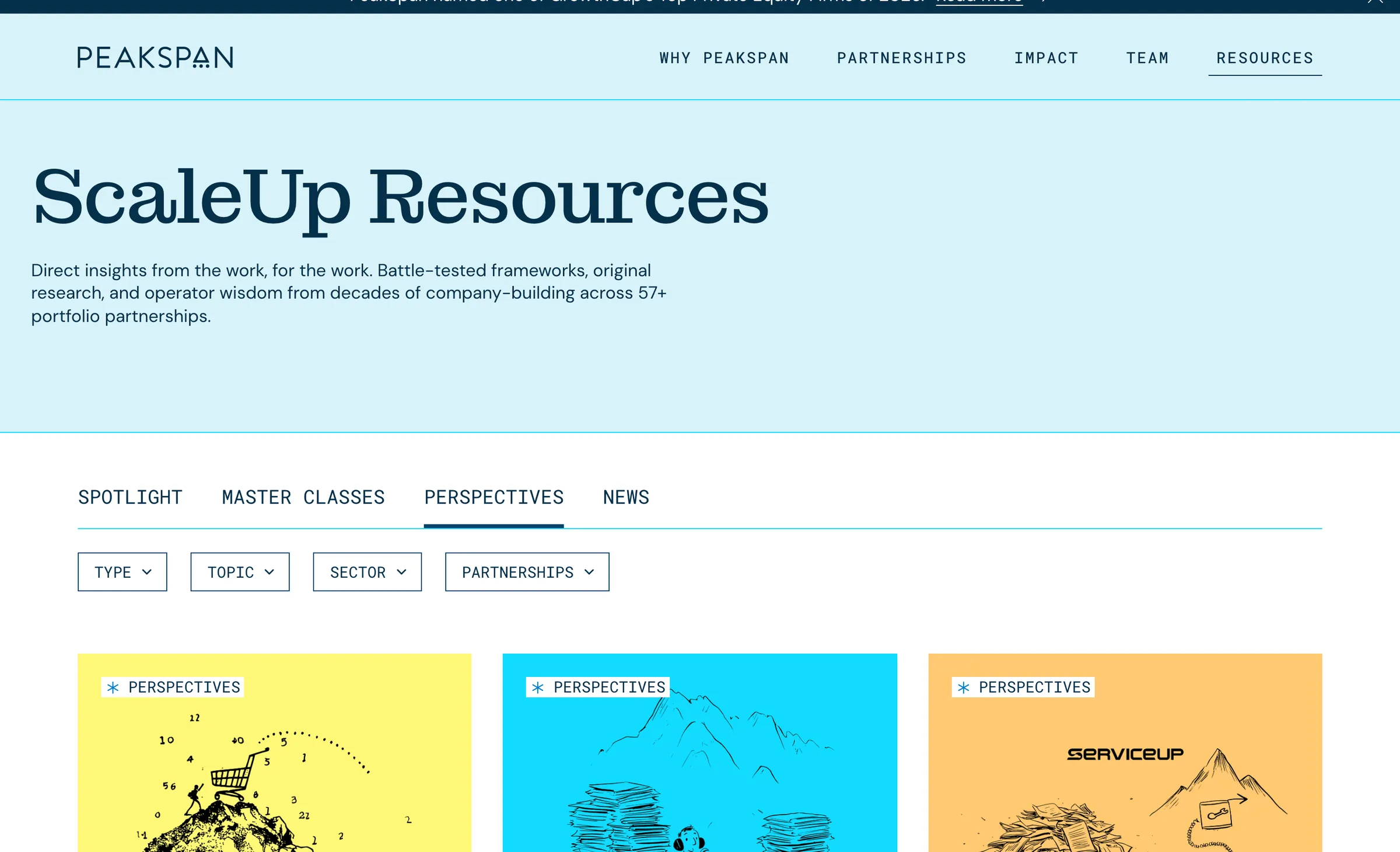 ScaleUp Resources on peakspancapital.com: tabs, filters and illustrated Perspectives cards